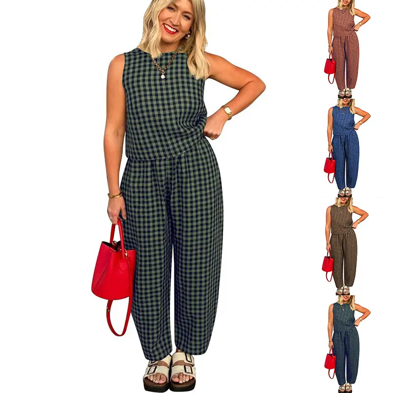 Women's Plaid Print Tank Top & Pants Two-piece Set, Casual Sleeveless Top & Pants for Summer, Ladies Clothes for Daily Wear Womenswear Suits Comfort Gamis Khaki