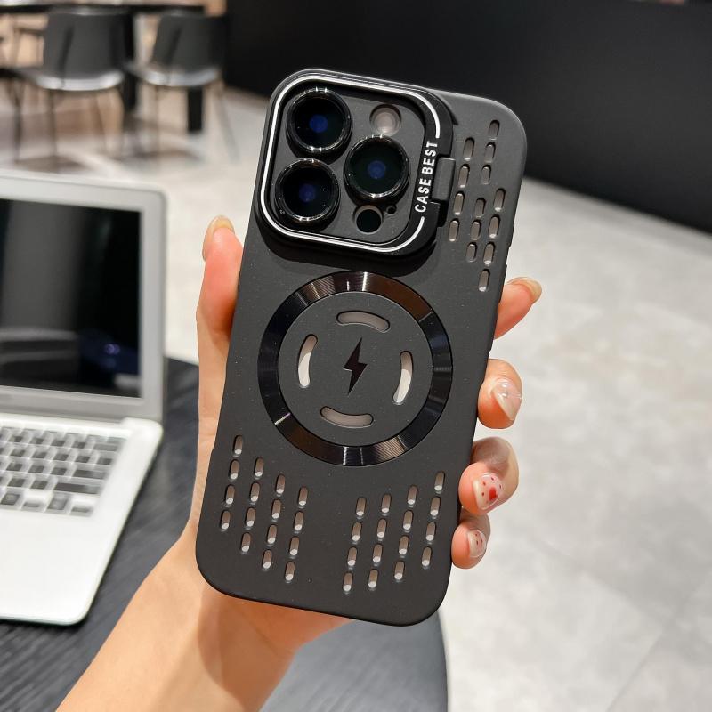Ốp điện thoại di động từ tính rỗng, ốp bảo vệ điện thoại di động tản nhiệt thoáng khí, bảo vệ ống kính có giá đỡ, chống rơi và chống sốc, silicon dẻo phù hợp với iPhone 11 12 13 14 15 16 Pro Max Plus [X006-B]