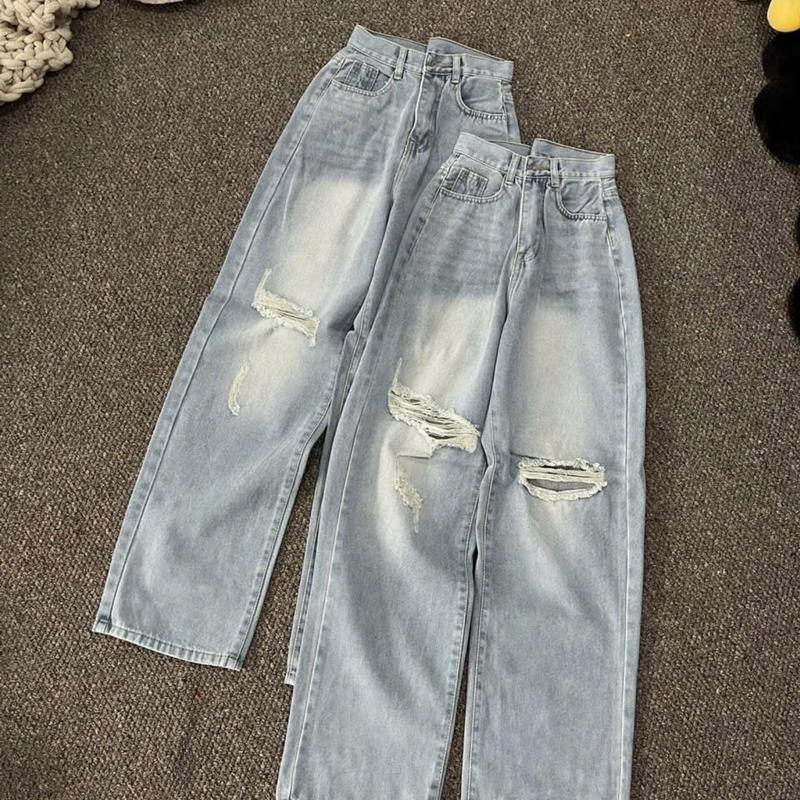 LNTJEAN Size S-XXL -V5644 Quần Jean Nữ Dài 100cm Ống Suông Form Rộng - Xanh Bạc Rách Gối - Lai Thường Lưng Cao