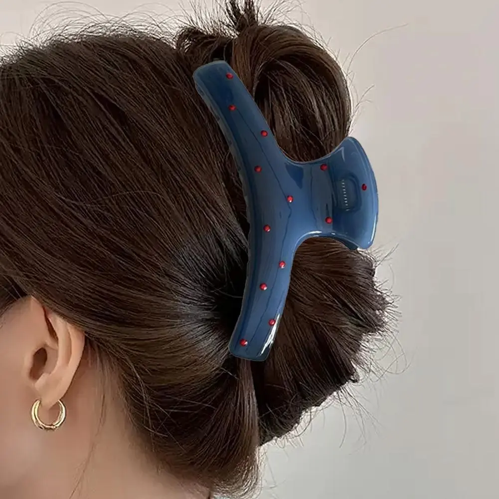 2pcs Blue Polka Dot Red Bow Clip, Shark Clip, High-end Retro Niche Hair Accessory, Hair Grab