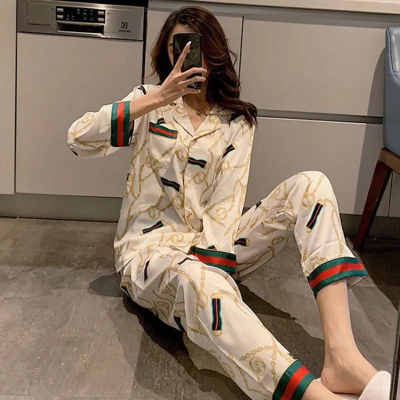 Bộ Đồ Ngủ Lụa Lạnh Dành Cho Phụ Nữ, Mùa Xuân Và Mùa Thu, Dài Tay, Mỏng, Phong Cách Mùa Hè Ngọt Ngào, Lụa Nhân Tạo, Cỡ Lớn, Dáng Rộng Vừa Vặn, Bộ Đồ Mặc Nhà Women Áo
