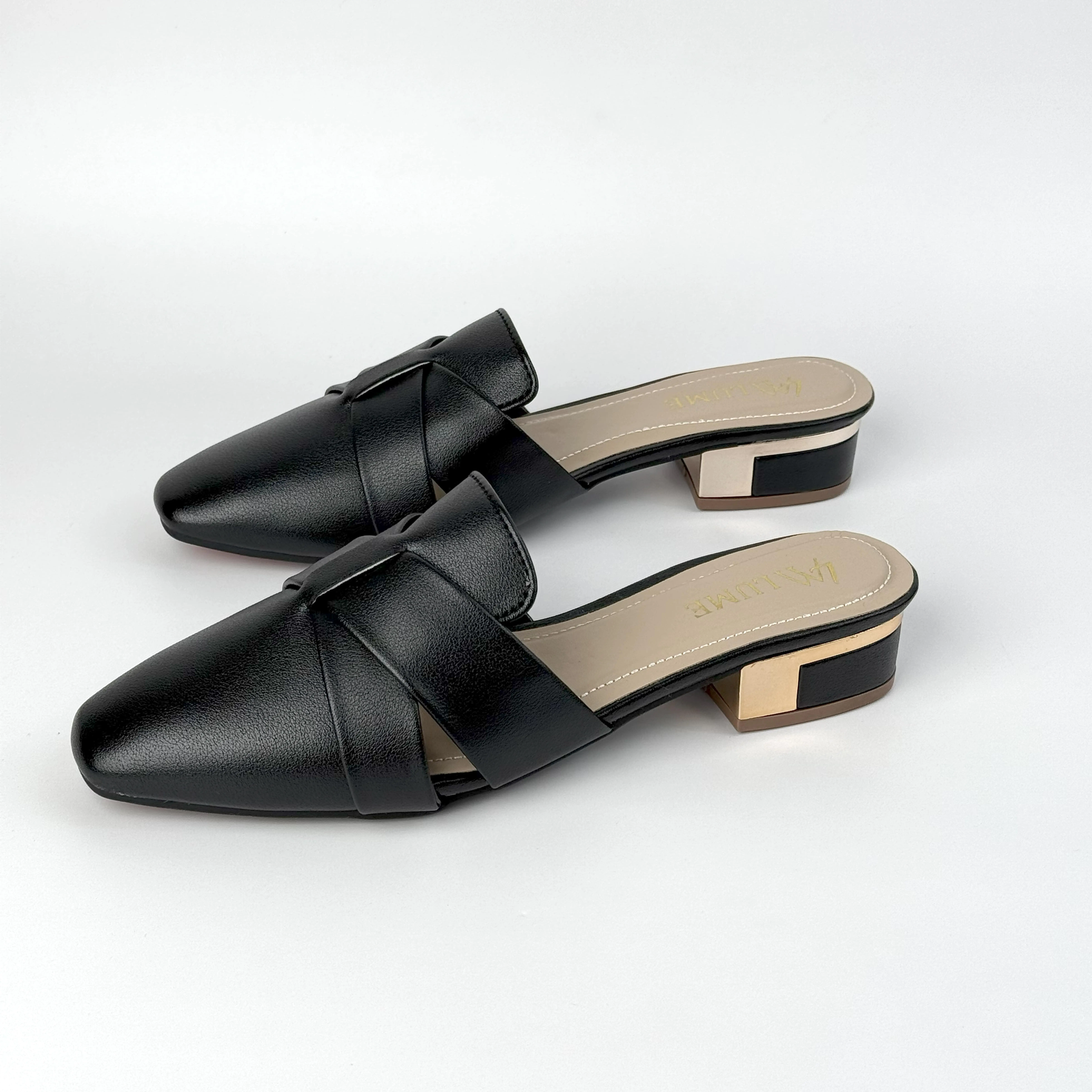 Sục Nữ Quai Chéo Mũi Vuông Đế Đồng 2cm, Da Mờ Cao Cấp, Đế Bọc Đồng DéP Shoes