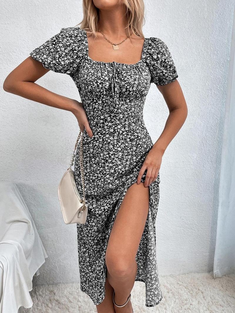 Product Introduction of Women's Frenchy Style Ditsy Floral Print Ruched Split Thigh Milkmaid Dress, Boho Curvy Holiday Outfits 2024 Puff Sleeve Square Neck Midi A Line Sundress for Women, Dresses for Women, Summer Outfits 2024, Lady Dresses for Summer 1