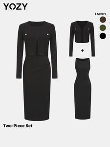 YOZY Two-Piece Set Women's Solid Ribbed Bodycon Dress & Button Front Outwear Set, Elegant Fashion Casual Long Sleeve Dress & Open Front Outwear for Daily Outdoor Wear, Ladies Clothes for All Seasons, Tummy Flattering