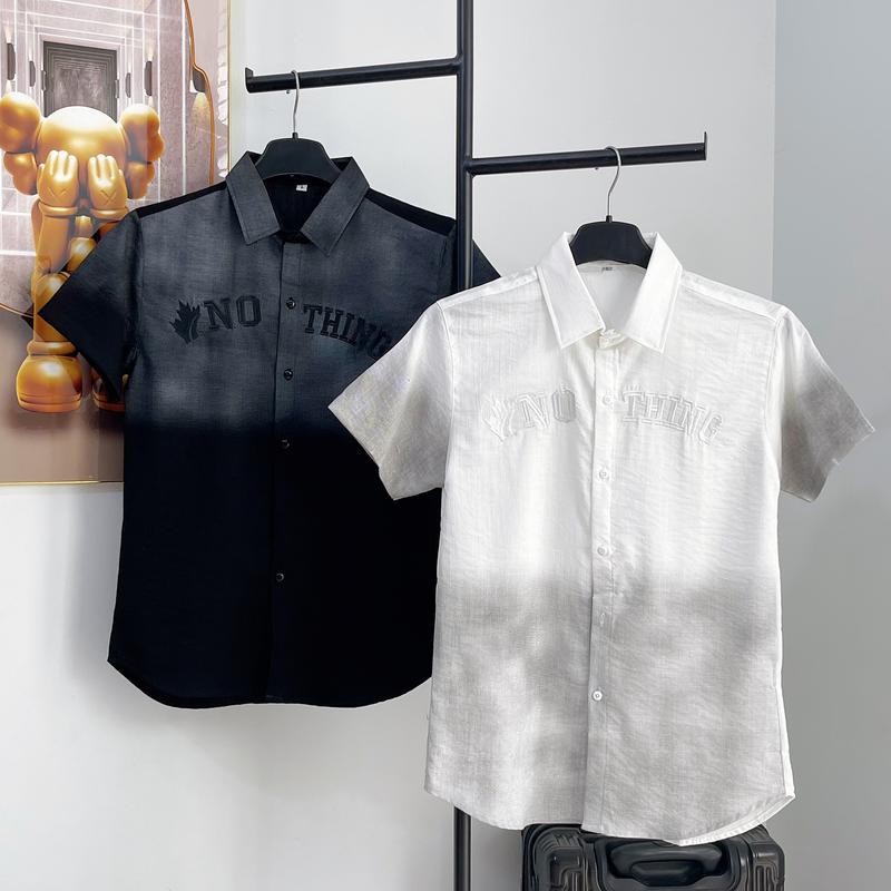 [Max SMD.6] Áo Sơ Mi Nam Tay Ngắn, Cổ Thuyền, Vải Đũi, Thêu Chữ Nothing, Dáng Slimfit, Thời Trang 2 màu đen và xám Menswear
