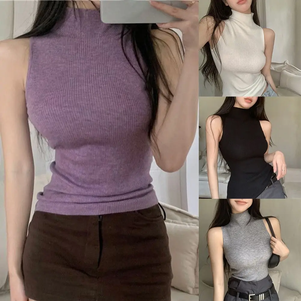 Womens Turtleneck Camisole Inner layer Fashion Knitted Sleeveless Top