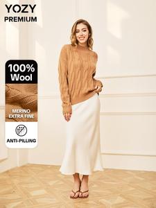 100% Wool, Midweight Australia Merino Yarn, Easy Care and Anti-Pilling, YOZY-Premium Women's Classical Cable Sweater