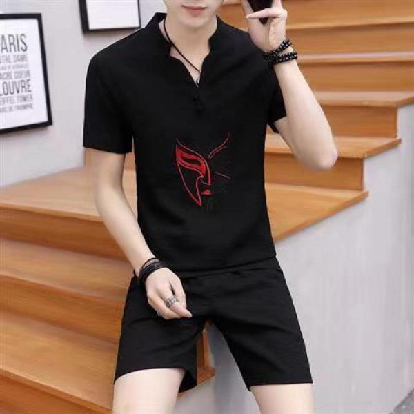 Product Introduction of Bộ Đồ Thường Ngày Cho Nam, Mỏng Mùa Hè, Thêu Phong Cách Trung Quốc, Áo Phông Cổ Chữ V Hợp Xu hướng Quần Đùi ngắn Tay Bộ Đồ Hai Mảnh, Đẹp Trai, Bộ Đồ Nam 11