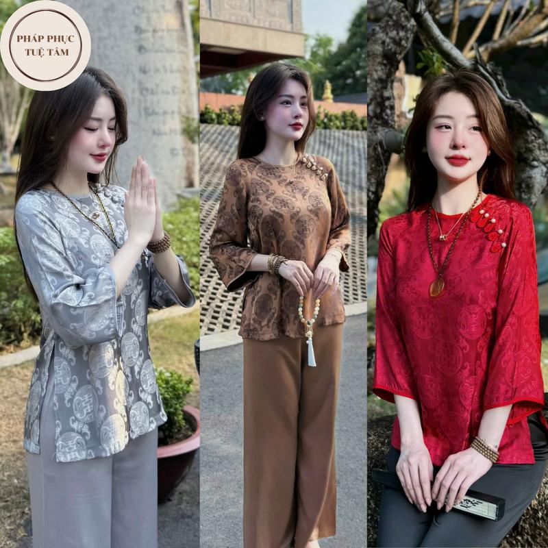 Bộ đồ đi chùa cổ tròn tằm xá cao cấp, Pháp Phục chữ THỌ khuy tết, Đồ lam đi chùa cách tân sang trọng Nữ Áo Top Women
