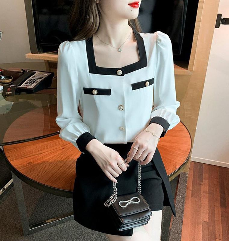 áo cổ vuông viền trắng đen tay dài Top Nữ Women Sơ Mi áo tingoan Shirt sơmi kiểutỷtỷ