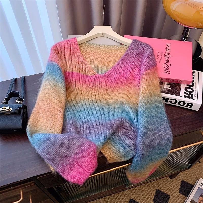 Áo Len Dài Tay, Màu Gradient Cổ Điển Phong Cách Lười Biếng, Mùa Thu Và Mùa Đông, Gradient, Bó Sát Và Rộng Rãi, Áo Áo Chui Đầu Dệt Kim, Thời Trang Nữ Women Top
