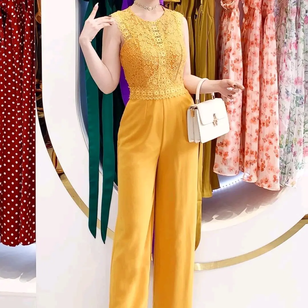 Jumpsuit dài ống rộng cổ tròn phối ren ● Mã hàng : SJ1195 Cotton Nữ
