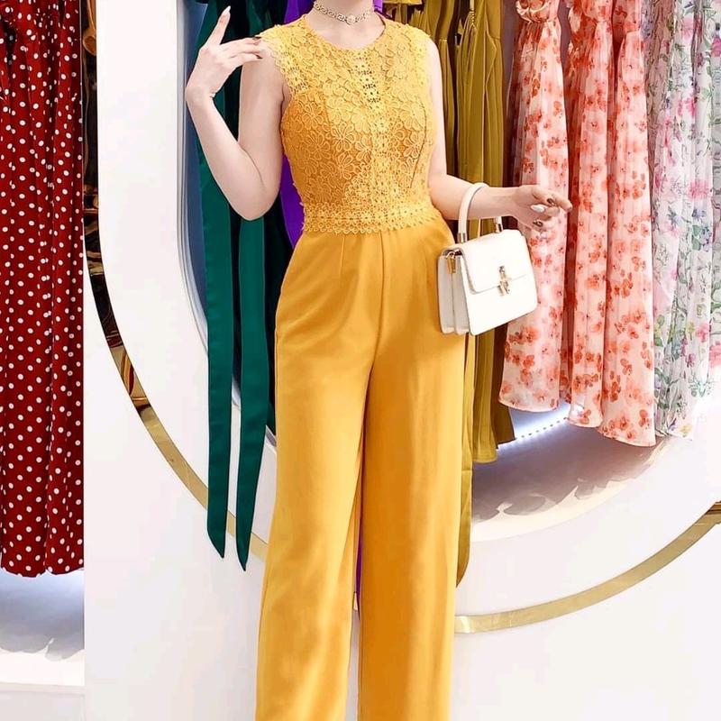 Jumpsuit dài ống rộng cổ tròn phối ren ● Mã hàng : SJ1195 Cotton Nữ