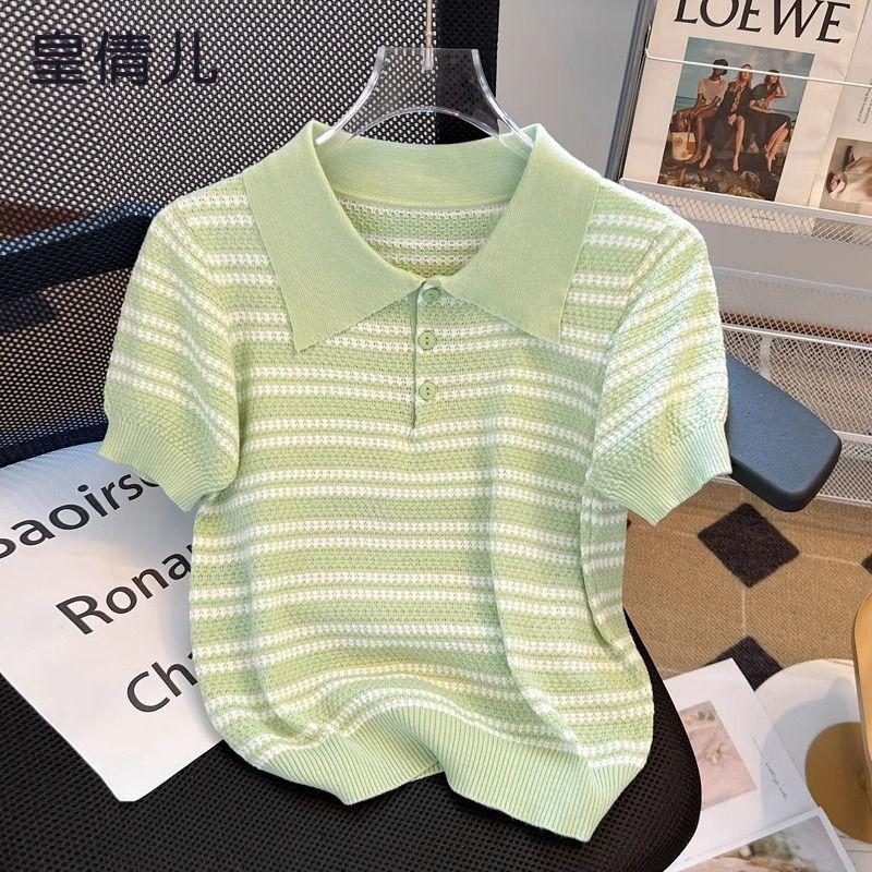 เสื้อยืดถักแขนสั้นลายทางคอปกโปโลฤดูร้อนของผู้หญิงปี 2024 มาใหม่เสื้อ ...