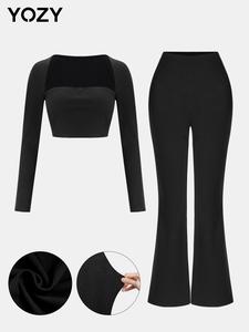 YOZY Co-ord Set, Women's Spring & Fall Solid Long Sleeve Crop Top & Flare Leg Pants, Comfy Two-piece Sets, Basic Minimalist Co-ord Set