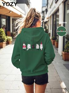 YOZY Women's Cartoon Print Drop Shoulder Hoodie, Fashion Casual Pocket Hooded Sweatshirt for Daily Holiday Outdoor Wear, Women Clothing for Fall & Winter