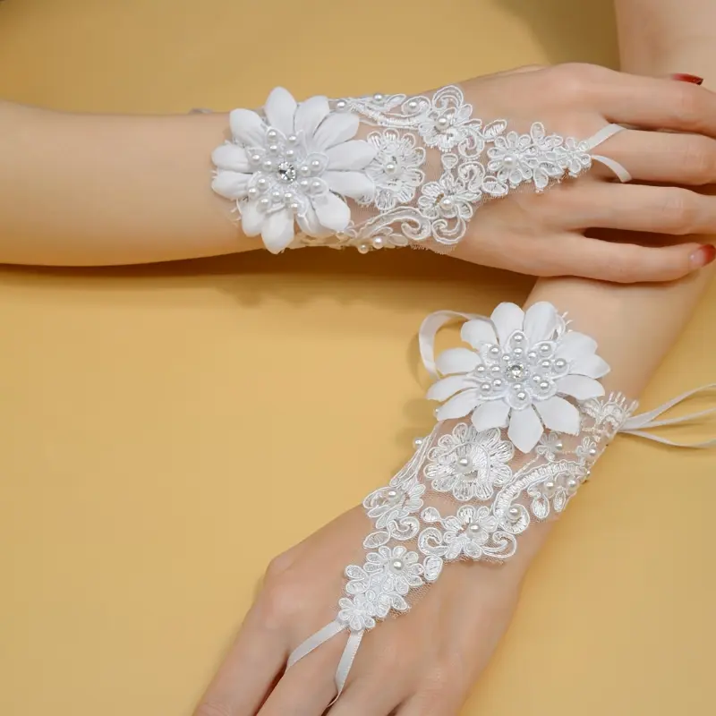 3pcs Romantic Pearl & Lace Bridal Gloves - Adjustable Hook Finger Design with Elegant Floral Patterns, Ideal for Weddings Valentine's Day Gift Girlfriend or Bride, Bridesmaid Gifts 1