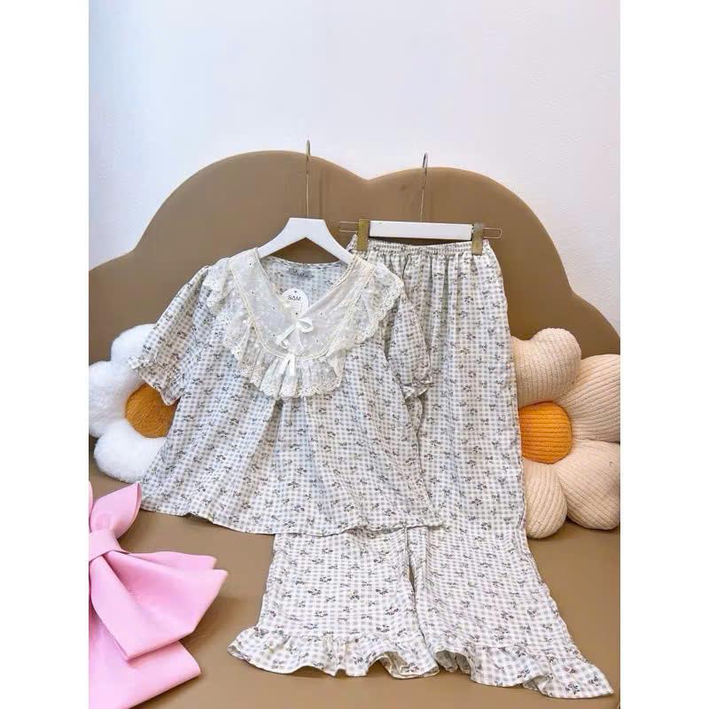 Đồ Bộ Hoa Nhí Ren Cổ Bèo Tiểu Thư Chất Thô Mềm 2