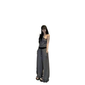 Pure Desire Sexy Girl Summer Two-Piece Set Striped Sleeveless Slim Fit Asymmetric Neck Off-Shoulder Vest Top Wide-Leg Pants