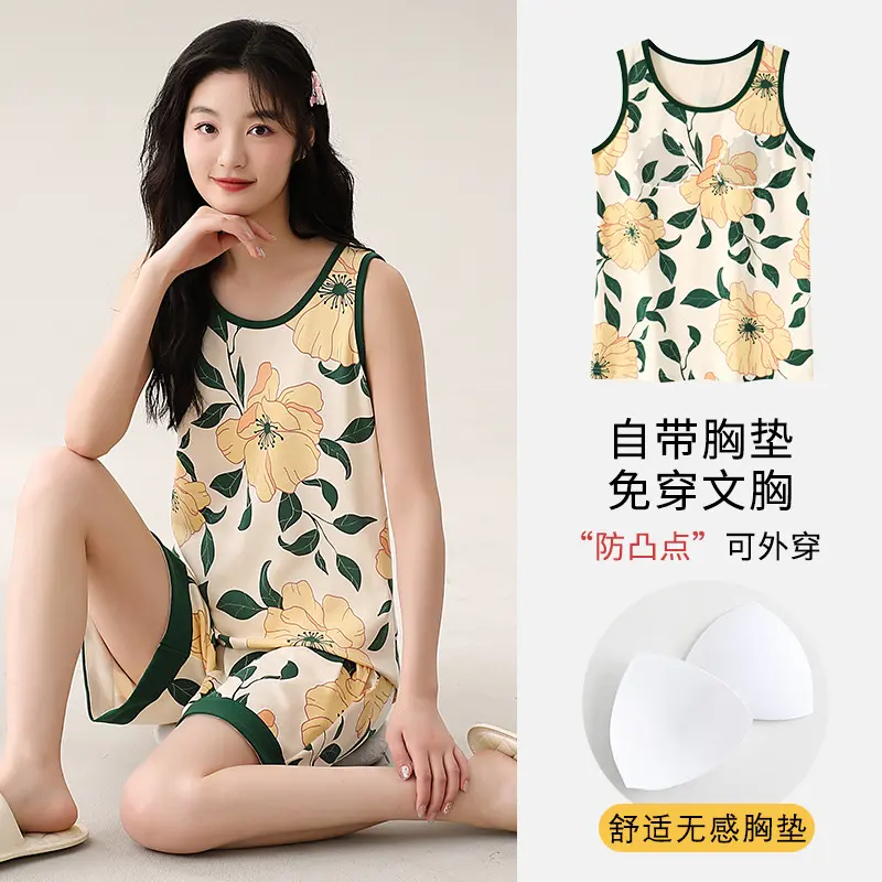 Women's summer cotton vest shorts women's sleeveless pajamas Korean version vest can be worn outside loose home suit set