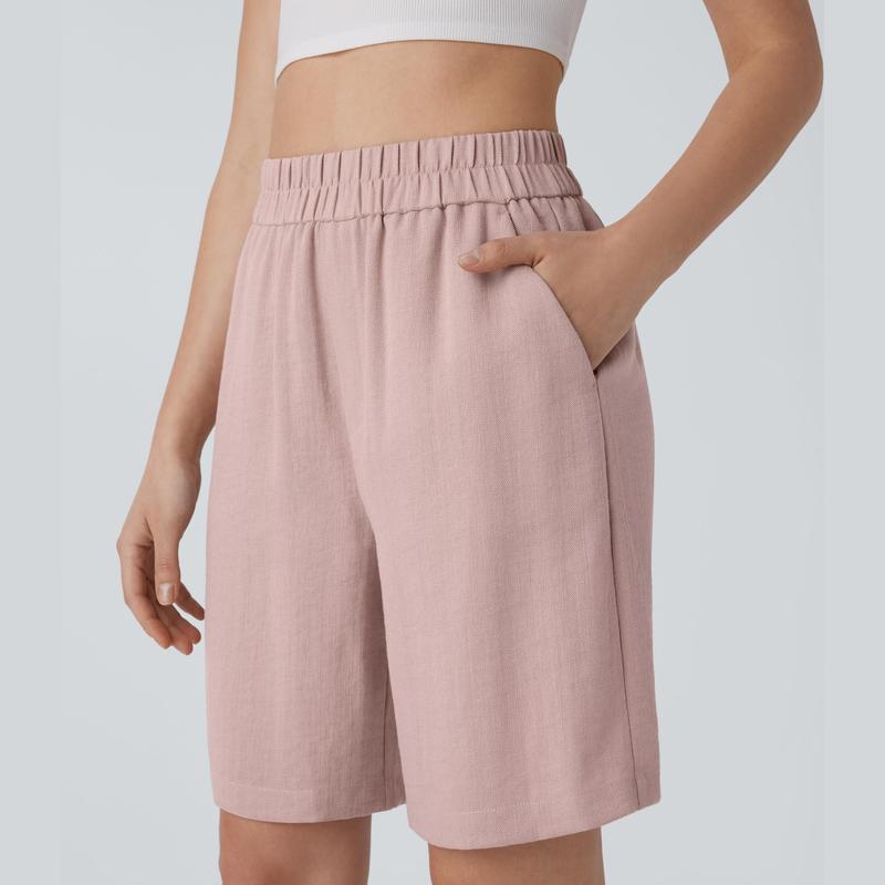 Halara High Waisted Side Pocket Casual Linen-Feel Bermuda Shorts 3