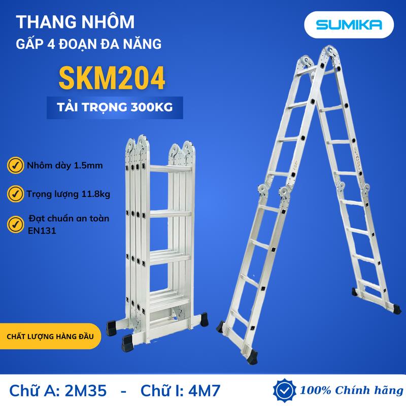 Thang nhôm gấp 4 đoạn SUMIKA SKM204, chữ A cao 2.35m, chữ I cao 4.7m, 14 tư thế sử dụng