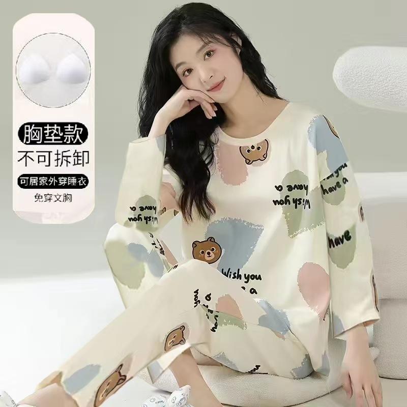 Bộ Đồ Ngủ Có Đệm Ngực Chất Liệu Cotton Nguyên Chất Thoải Mái Chất Lượng Cao Với Tay Dài Có thể Mặc Ngoài Trời Mùa Thu Và Mùa Đông Bộ Đồ Dễ Thương Hoạt Hình Che Núm Vú Cho Nữ Áo Chui Đầu Mặc Ở Nhà 1