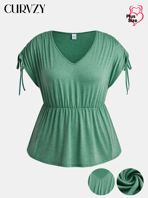 CURVZY Plus Size  Ruched Drawstring Tee, Casual Batwing Sleeve Peplum T-Shirt, Women's Plus Clothing for Summer Daily Wear 2
