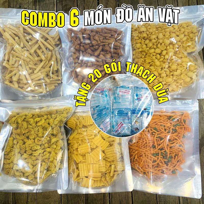 COMBO 6 Món Đồ Ăn Vặt Tặng 20 Gói Thạch Dừa Bim Bim Khoai Tây Quẩy Đùi Gà Mái Tôn Xương Chó Râu Mực Tăm Que Mix Đậu Hà Lan