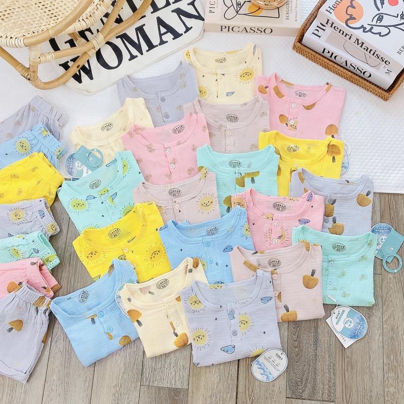 Bộ quần áo xô muslin hình nấm, hình gấu, hình mặt trời cho bé trai bé gái hàng quảng châu từ 7-65kg Heo