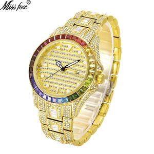 นาฬิกาควอทซ์ผู้ชาย, MISSFOX, แฟชั่นสุดฮอต, ดีไซน์ไล่ระดับสีรุ้งและเพชร, เพชรเต็ม, กันน้ำ, สไตล์ลำลองธุรกิจ, สง่างาม, เหมาะสำหรับชายตะวันออกเฉียงใต้, ขายร้อน