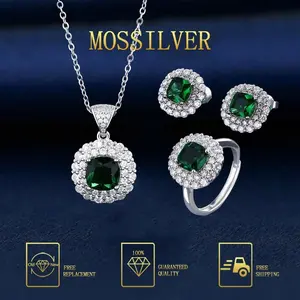 MOSSILVER Set Tiga Potong Batu Permata Zamrud Super Mengkilap Berlapis Baru Kelas Atas