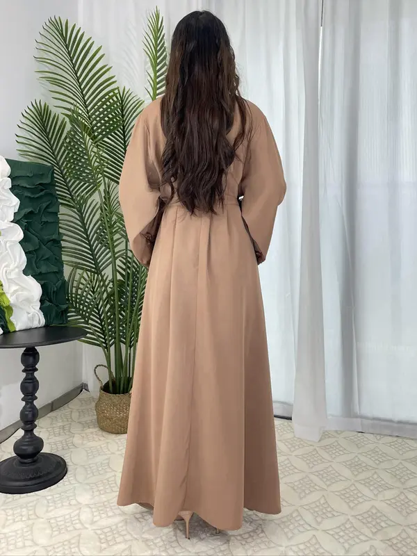 Arabic Clothing-Women Embroidered Abaya Dress, Fashion Contrast Lace Long Bell Sleeve Loose Maxi Arabian Dress with Belt, Islamic Clothes Caftan, Maxi Dresses for Women, Summer Outfits 2024, Bridal Abaya 1