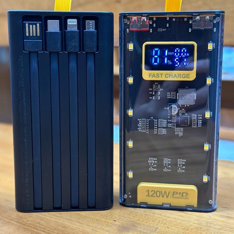 Sạc dự phòng 120W-30.000mAh mặt vuông (tròn tuỳ lô )trong suốt, Sạc nhanh Era có đèn led, tích hợp 4 đầu sạc Sạc Pin Pin Dự Phòng anker magsafe gd power pinsac duphong