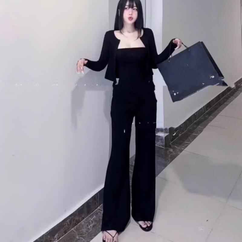 Set 3 Món Áo Cúp Ngực ChanLe Phối Quần Ống Loe Kèm Khoác 3 Màu Siêu Hot Kem Women Nữ Top 3