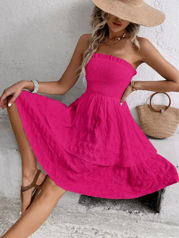 Women's Textured Frill Shirred A Line Dress, Boho Sleeveless Strapless Knee Length Dress for Beach Holiday Vacation, Ladies Summer Clothes, Summer Outfits 2024 1