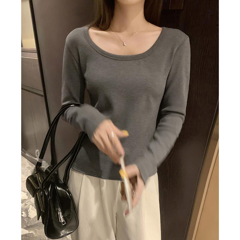 Product Introduction of Women's Basic Style U-Collar Integrated Composite Velvet Bottoming Shirt Autumn and Winter Wild Slim-Fit Thickened Long-Sleeved Top 14
