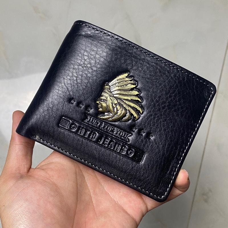 (Giá sỉ) [Ngăn ẩn] Ví nam da bò HTH logo Thổ dân da đỏ mạnh mẽ . Thiết kế size lớn nhiều ngăn gập lại Wallets Kem