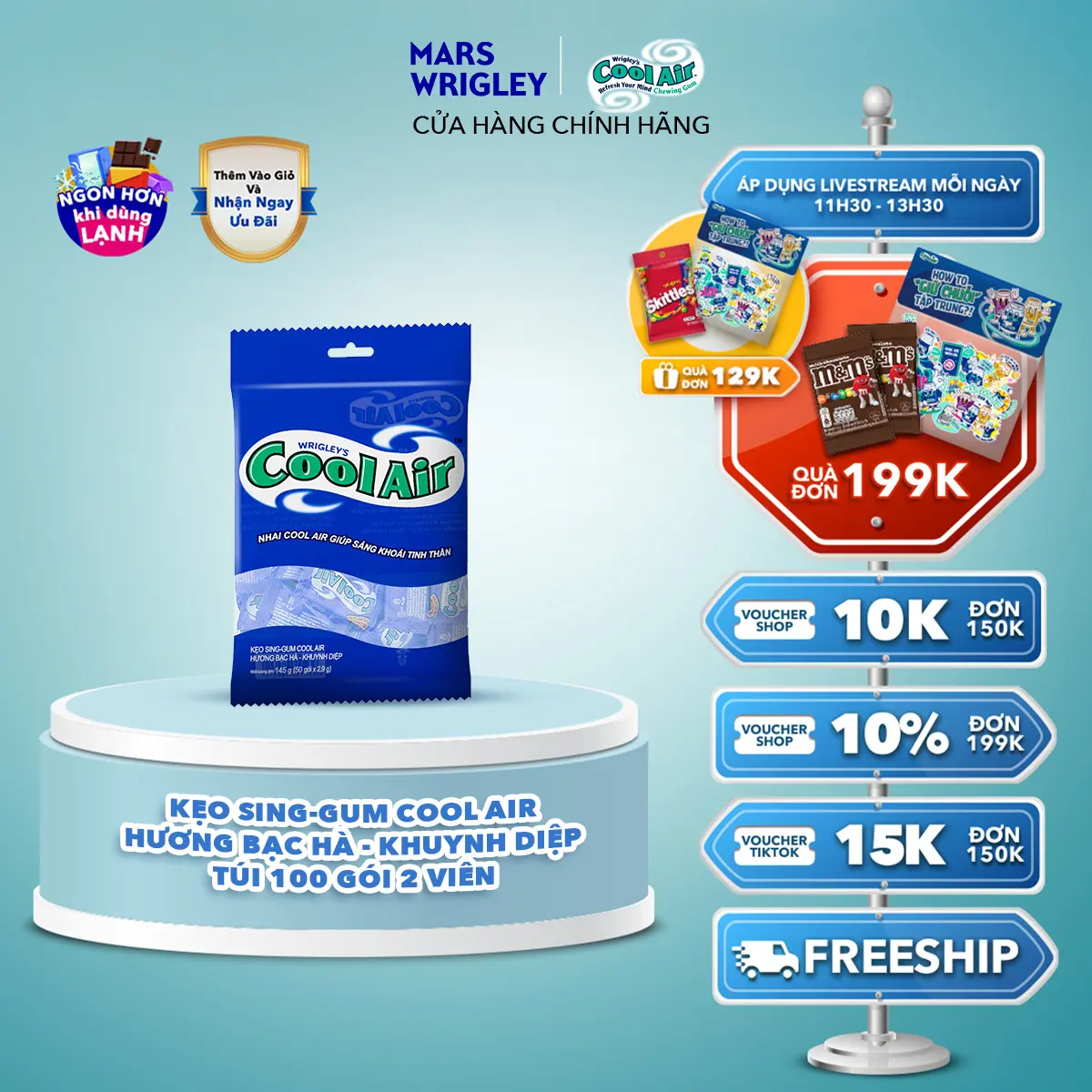 Kẹo Sing-Gum Cool Air Hương Bạc Hà - Khuynh Diệp Túi 100 Gói 2 Viên Kẹo