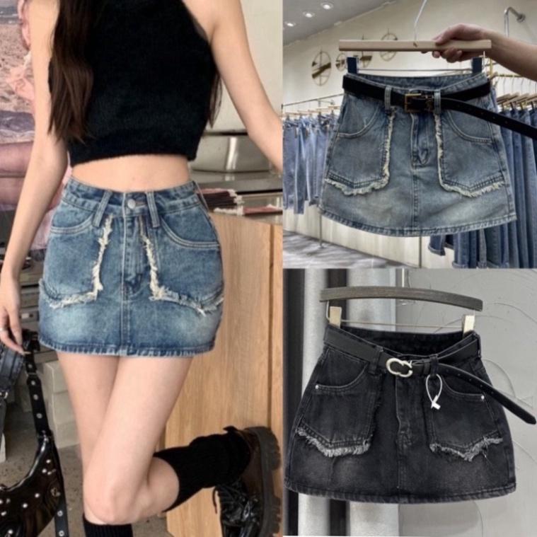 Chân váy jean tua viền túi kèm đai siêu xinh có nót quần - chân váy bò túi tua dua Nữ Kem Women