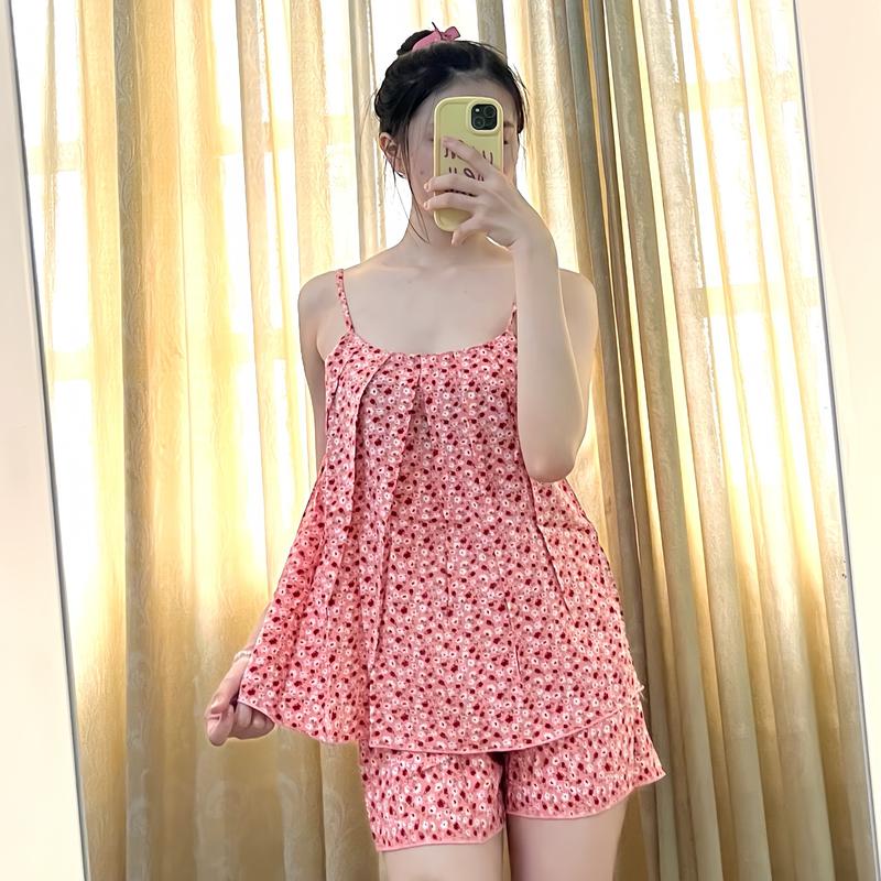 [BIGSIZE 50-65KG] Đồ Bộ Quần Đùi Áo Hai Dây Chất Liệu Vải Lụa Hàn Có Hoa Nhí Dễ Thương  Nữ Women Voi