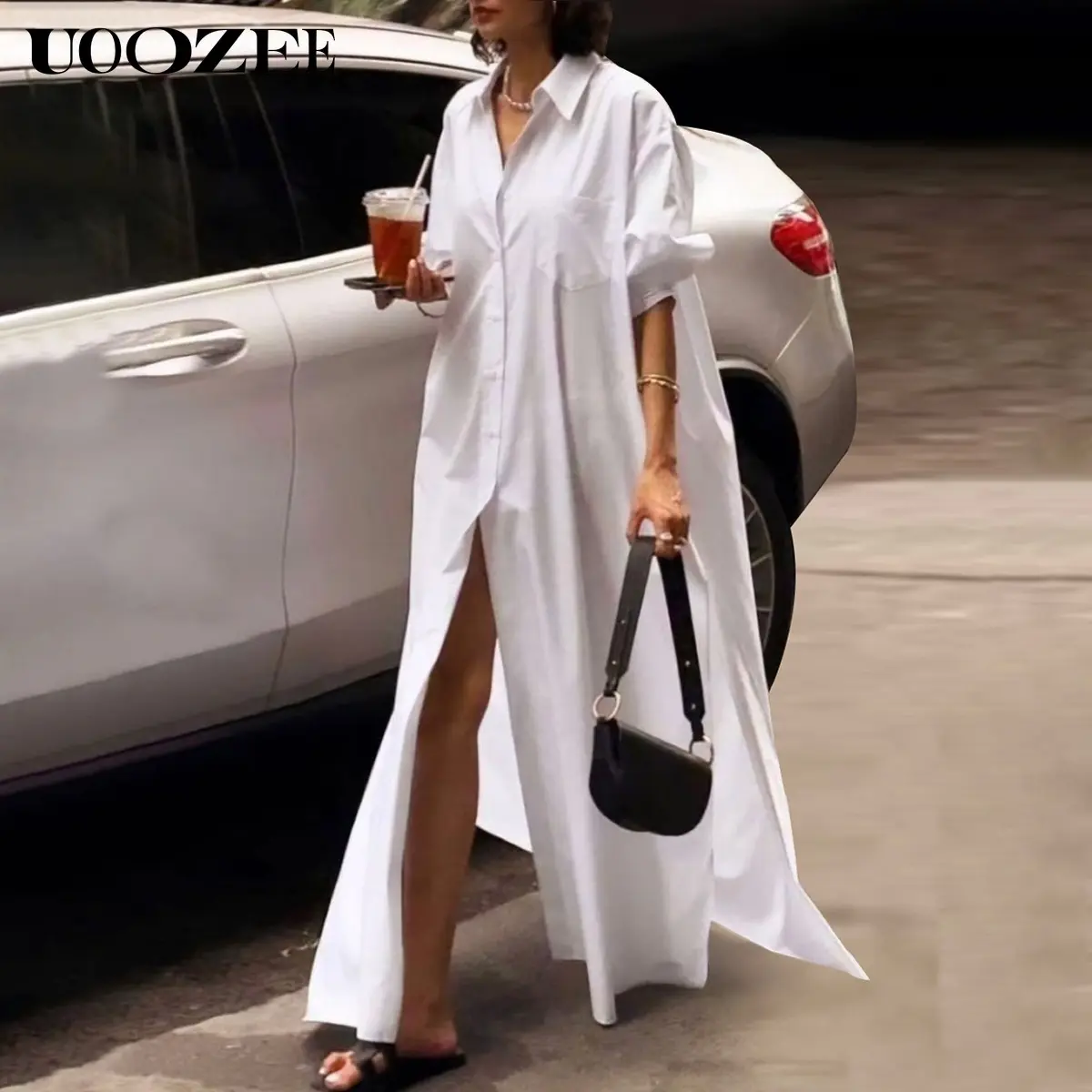 Long Sleeves Loose Buttoned Solid Color Split-Side Lapel Maxi Shirt Dress