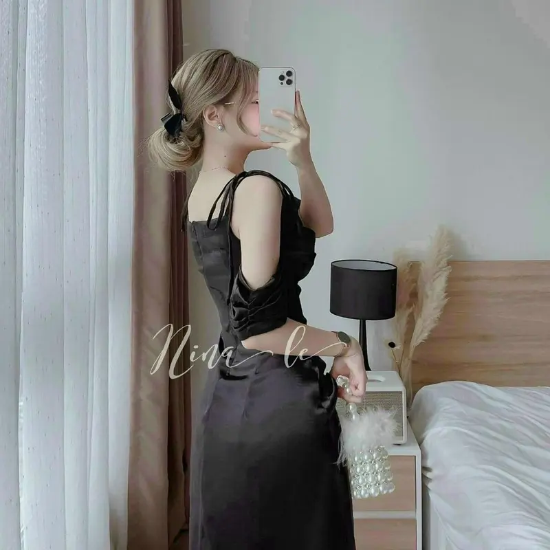 Đầm thời trang nữ mặc đi chơi chất phi lụa cổ dây khoét tay ngắn áo tạo giún váy đầm dài maxi phong cách trẻ trung 4