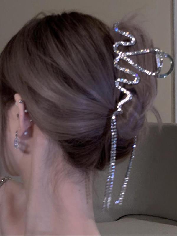 Irregular Wavy Shape Design Hair Claw Clip As Gift, Rhinestone Decorated Tassel Hair Claw Clip, Elegant Plain Hair Accessories for Women & Girls, Fashion Accessories for Party and Daily Life 3