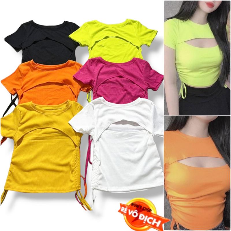 Áo croptop nữ rút dây eo kiểu khoét ngực cá tính ôm body chất vải thun gân len 4 chiều [A2]