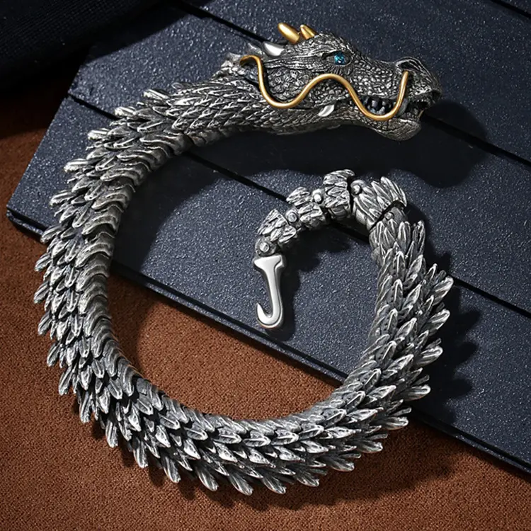Gelang Naga V3 Premium / Gelang Rantai Ular Kepala Naga Bertanduk / Chunky Chain Bracelet Horned Dragon Scale Link Keel Chain Bangle Midgard Serpent Bracelet Ouroboros Unique / Gelang Rantai Naga Klasik Berkualitas Keren Fashionable