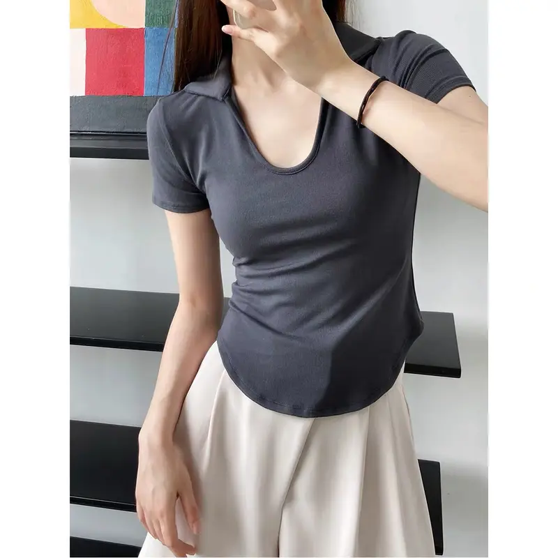 【Premium】U-Neck Short Sleeve Stretchy Basic Collar Top 7107 (S/M/L) 4