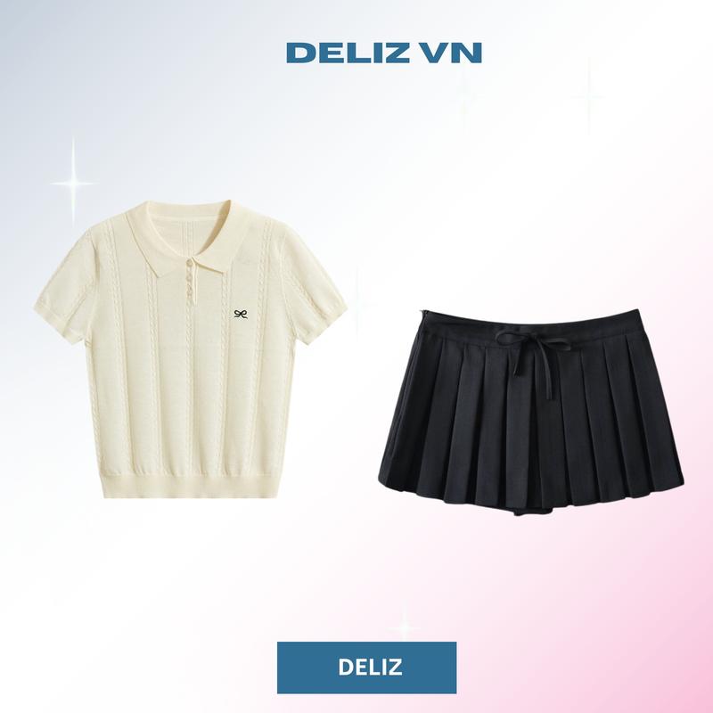 Product Introduction of Áo polo thêu nơ mảnh len lông phối chân váy xếp ly cạp cao đính nơ DELIZ - SET PL11 3