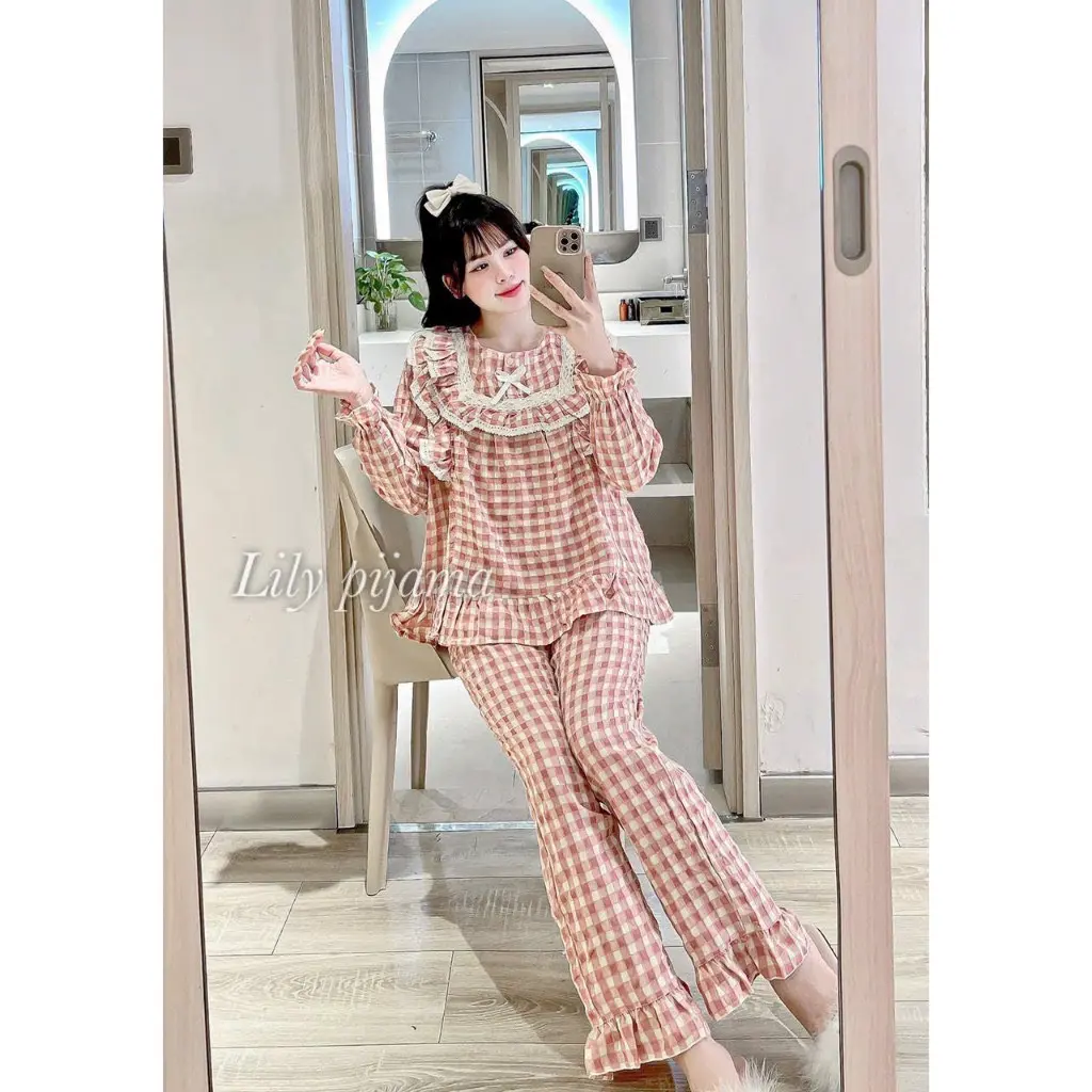 BỘ ĐỒ NGỦ MẶC NHÀ DÀI TAY THÔ NHUNG CỔ VUÔNG REN BÈO TIỂU THƯ