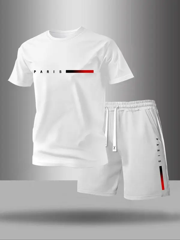 Men's Letter Print Tee & Drawstring Waist Shorts Set, Regular Fit Round Neck Short Sleeve T-shirt & Track Shorts, Casual Summer Clothes for Outdoor 1